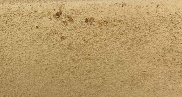 Stains on stucco indicating roof leak into enclosed soffit